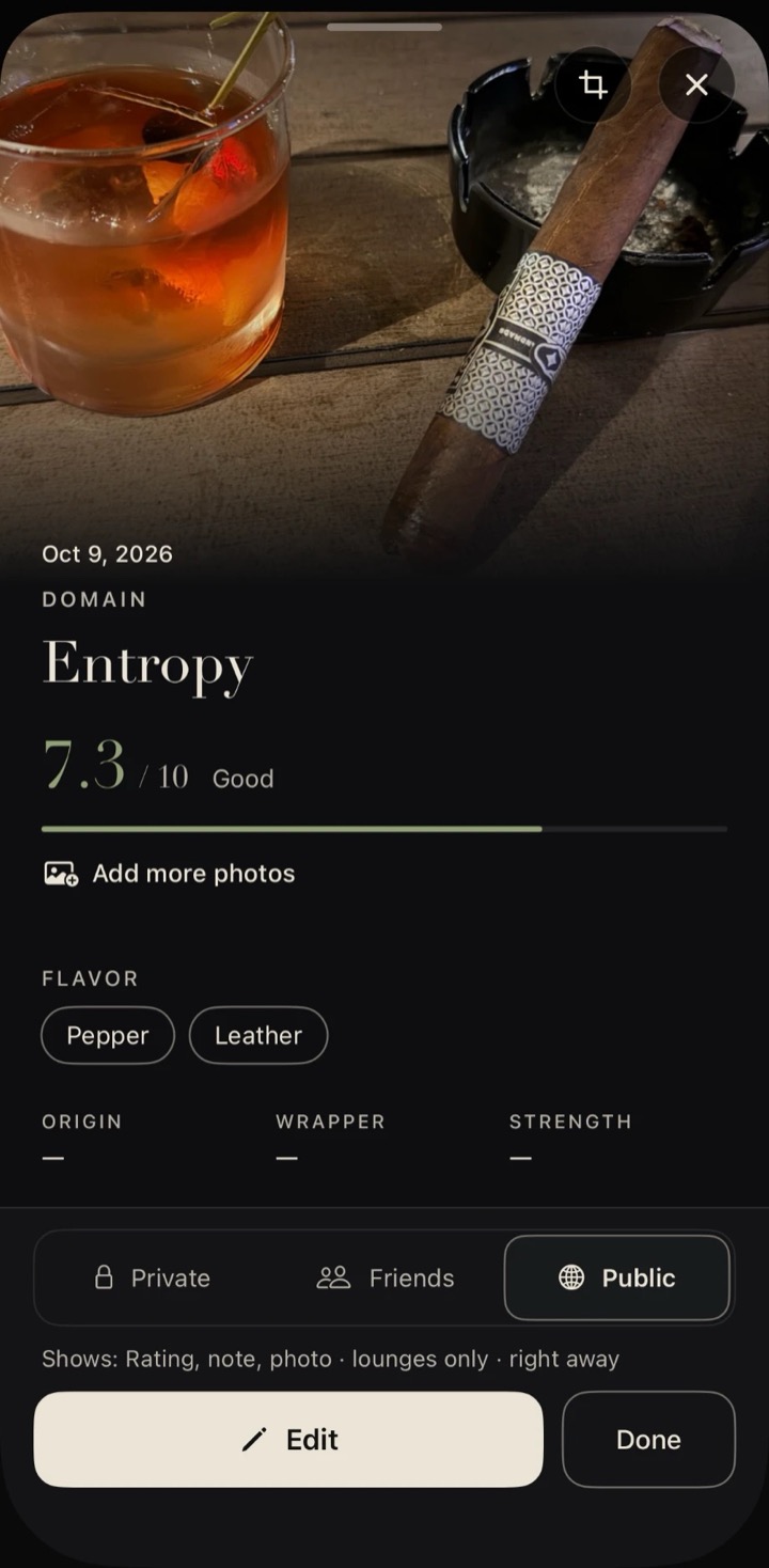 A Reserva entry: a Domain Entropy beside an old fashioned and an ashtray, rated 7.3 out of 10, with pepper and leather flavors and a Private or Friends switch
